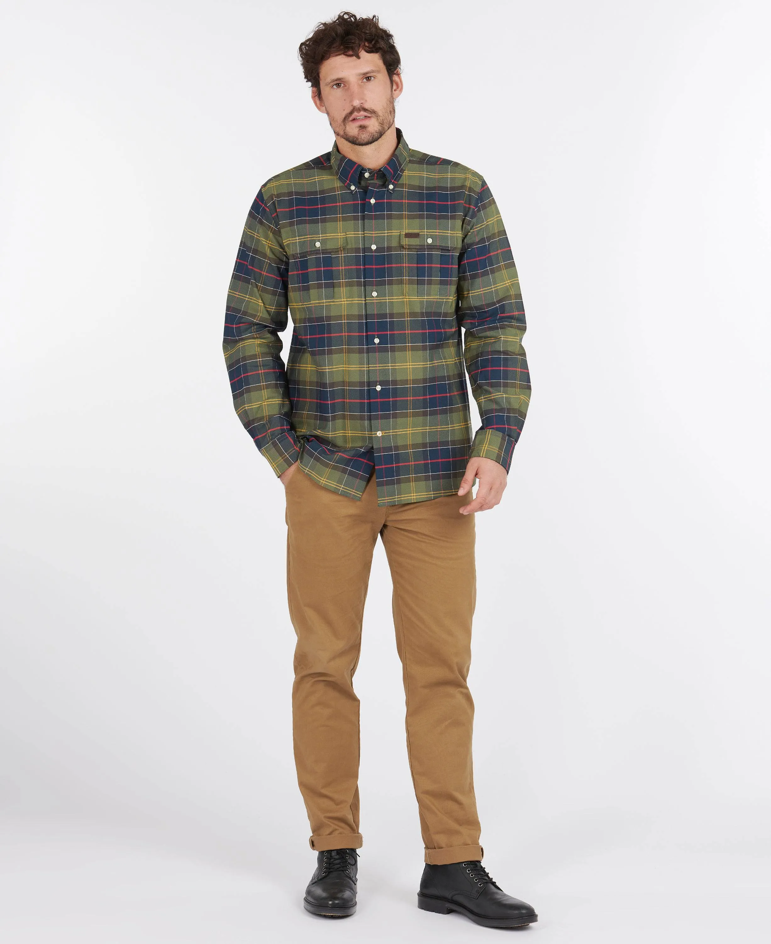 Barbour Fulton Coolmax Performance Buttondown Collar Shirt In Classic Olive Plaid