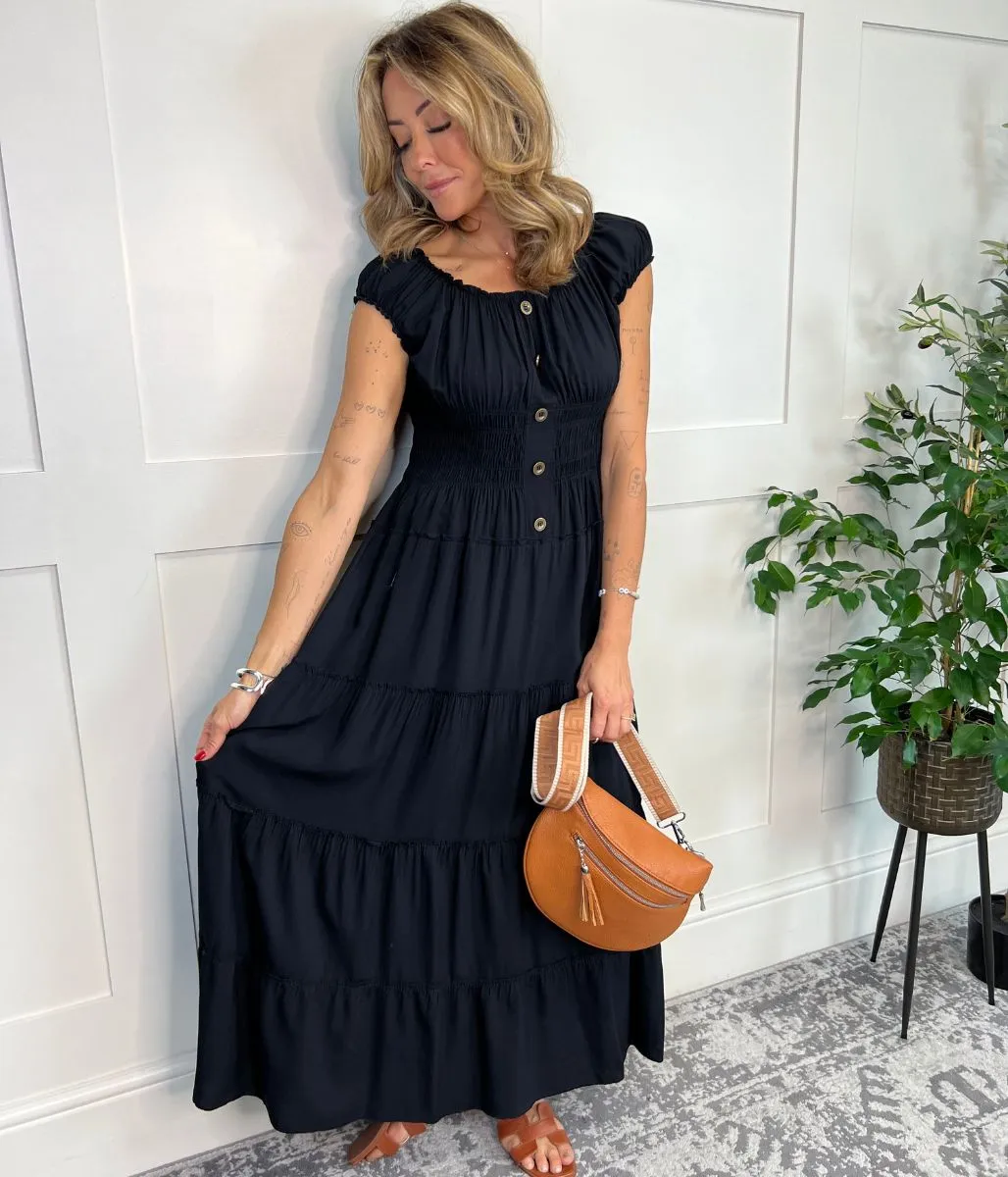 Black Tiered Shirred Midi Dress