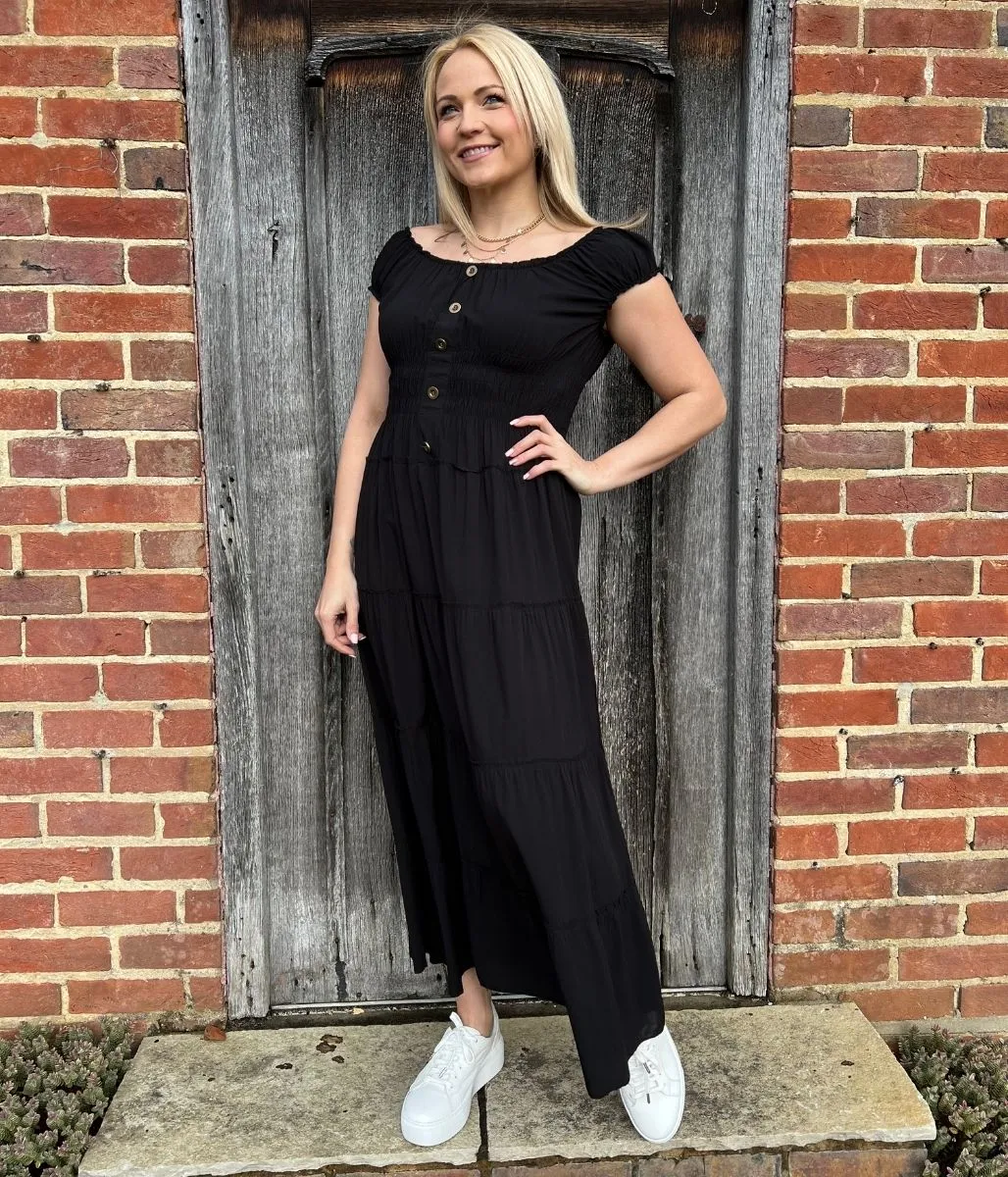 Black Tiered Shirred Midi Dress