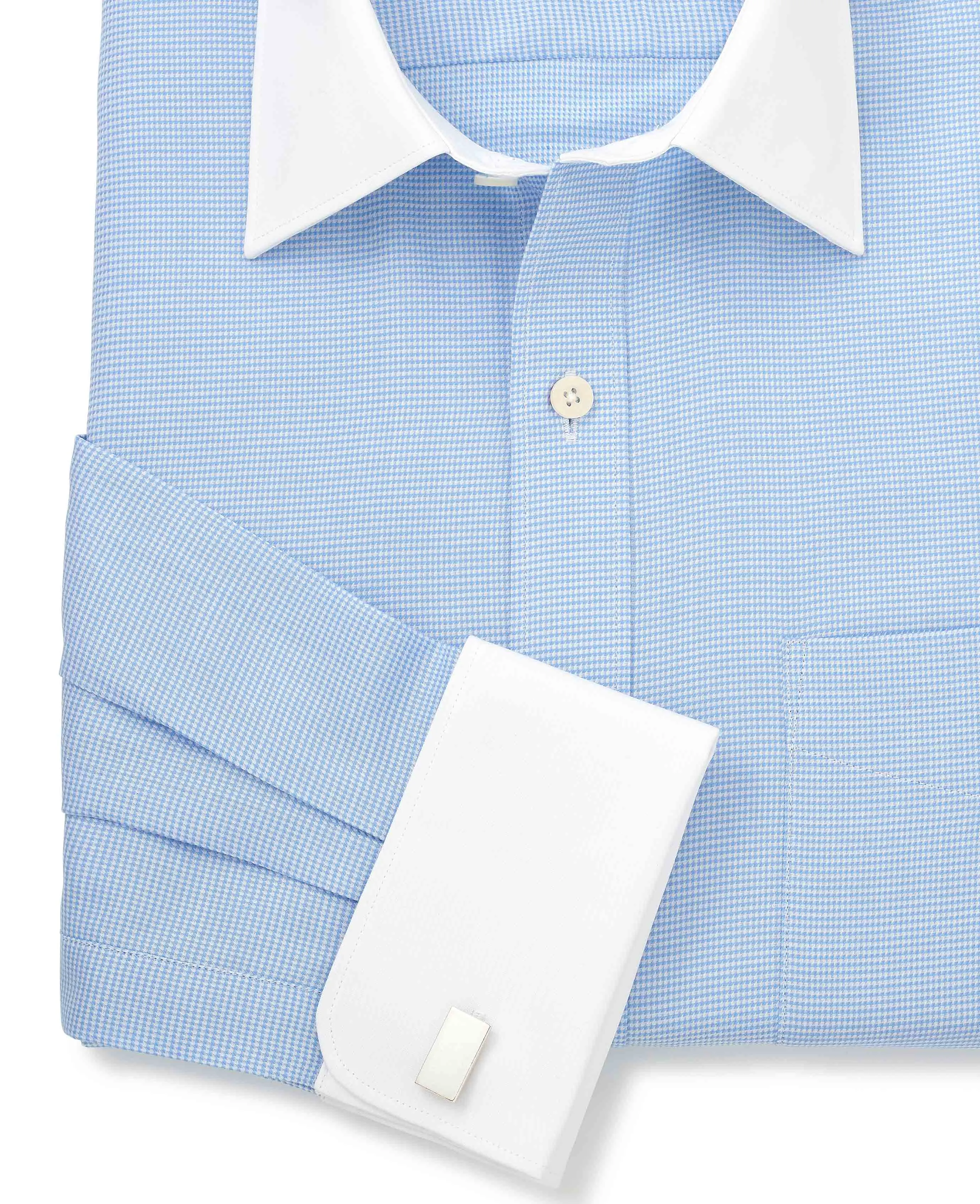 Blue Puppytooth Classic Fit Contrast Collar Shirt - Double Cuff