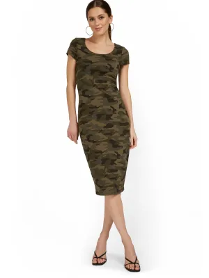 Camo-Print Scoopneck Cap-Sleeve Midi Dress - Everyday Collection