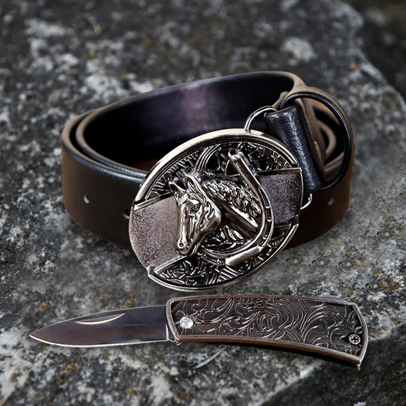 Classic Horse Head Leather Belt With Folding Knife