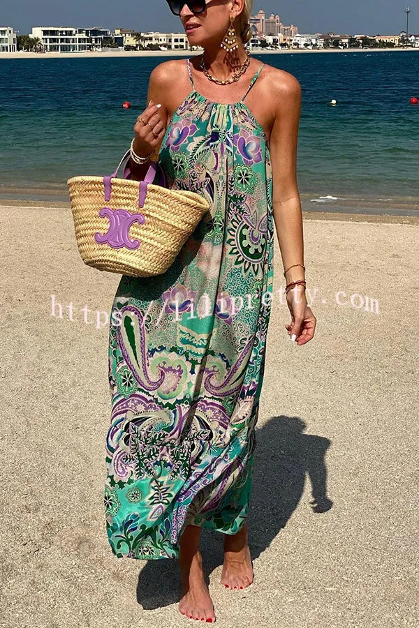 Easy Breezy Ethnic Print Tassel Suspender Loose Maxi Dress