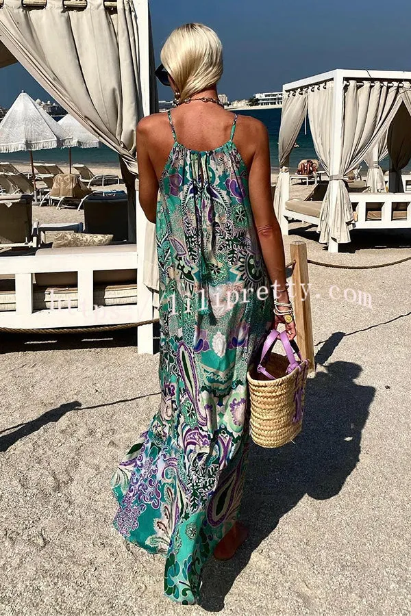 Easy Breezy Ethnic Print Tassel Suspender Loose Maxi Dress