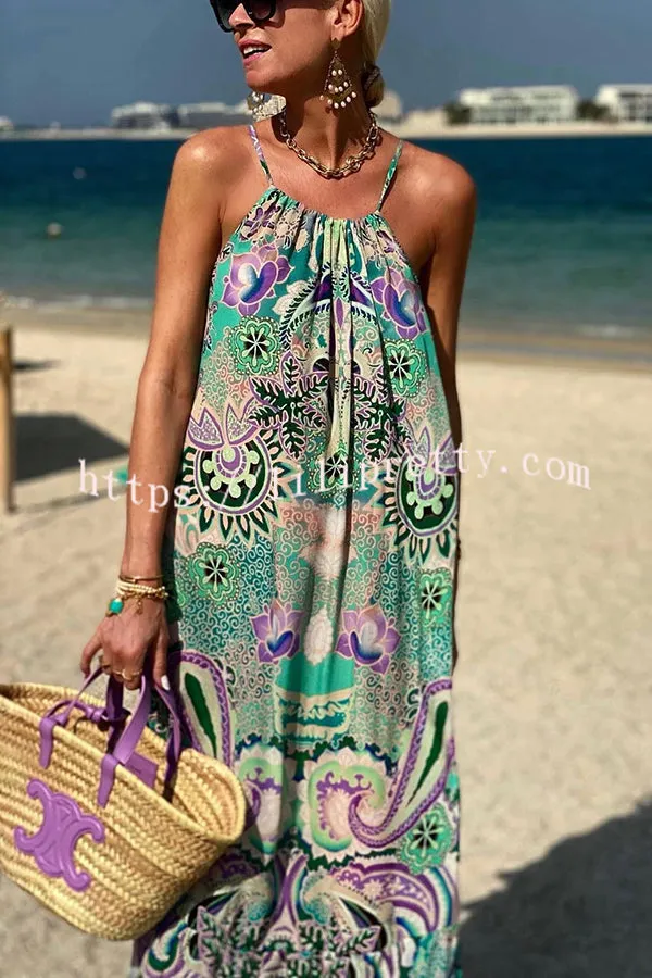 Easy Breezy Ethnic Print Tassel Suspender Loose Maxi Dress