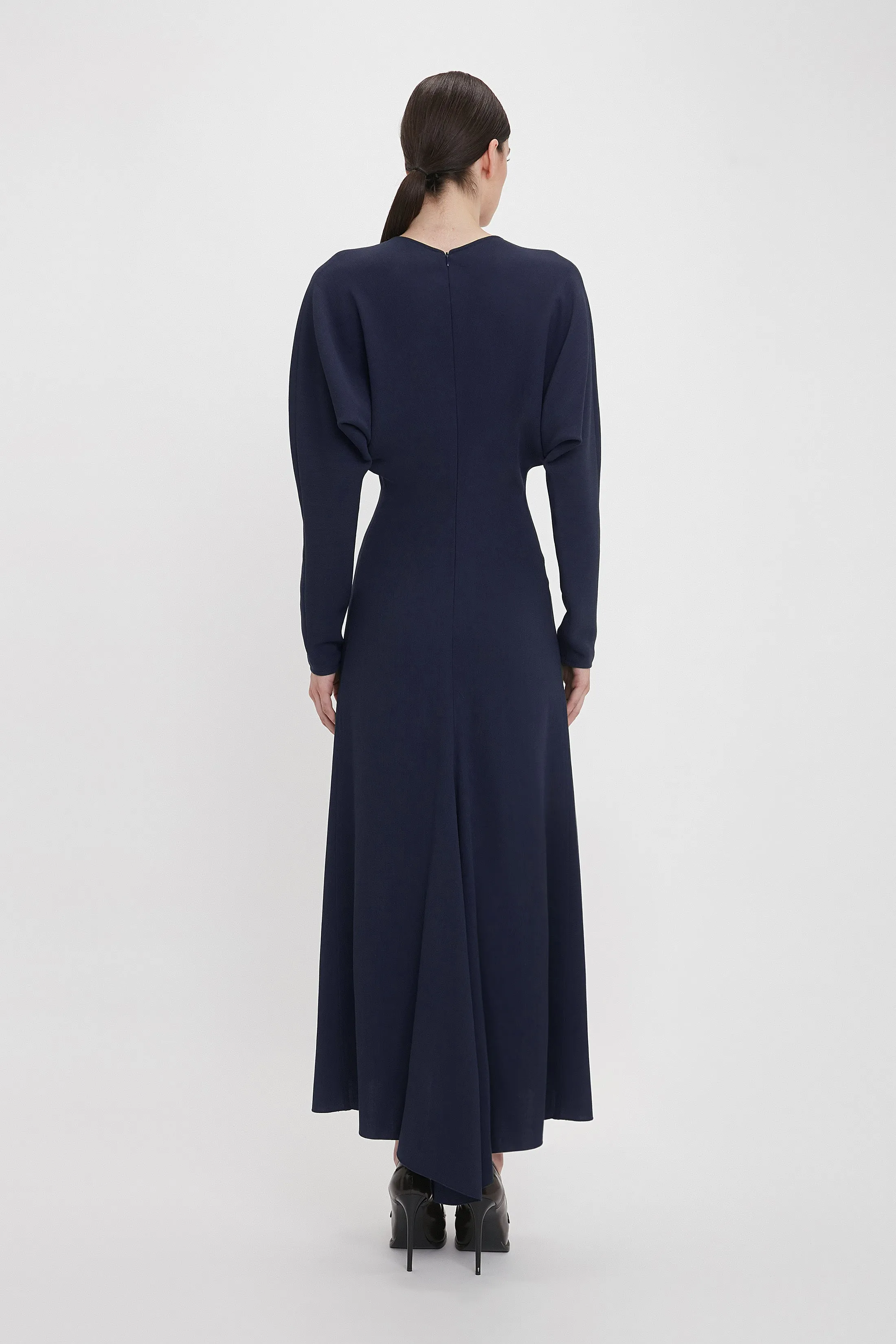 Exclusive Long Sleeve Draped Midi Dress In Ink Blue