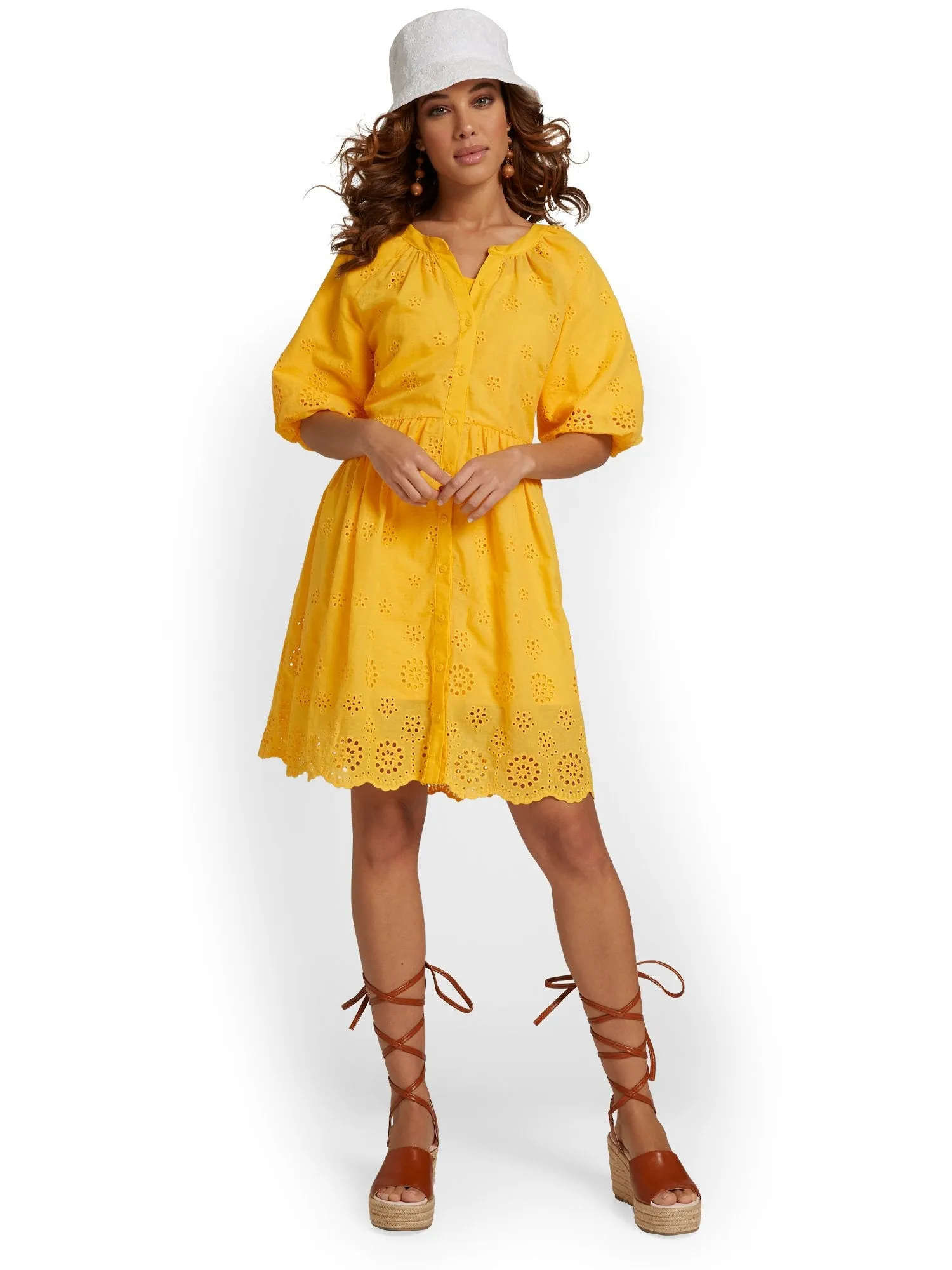 Eyelet Button-Down Shift Dress - Lily & Cali