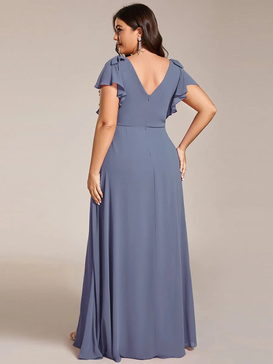 Gloria | Plus Size Split Ruffles Sleeves with Bowknot Double V-neck Chiffon Bridesmaid Dress