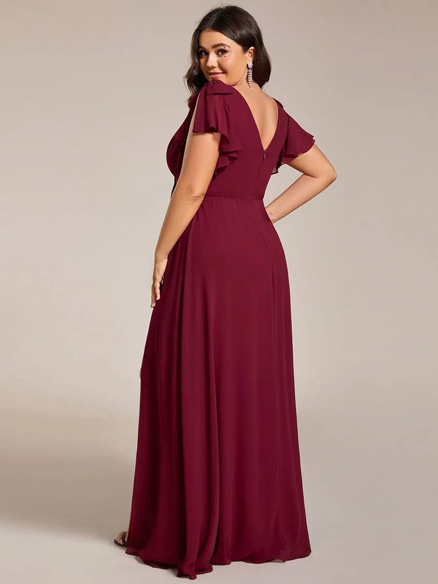 Gloria | Plus Size Split Ruffles Sleeves with Bowknot Double V-neck Chiffon Bridesmaid Dress