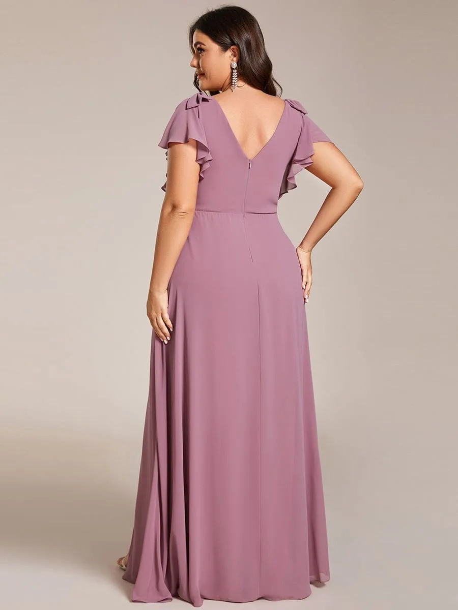 Gloria | Plus Size Split Ruffles Sleeves with Bowknot Double V-neck Chiffon Bridesmaid Dress