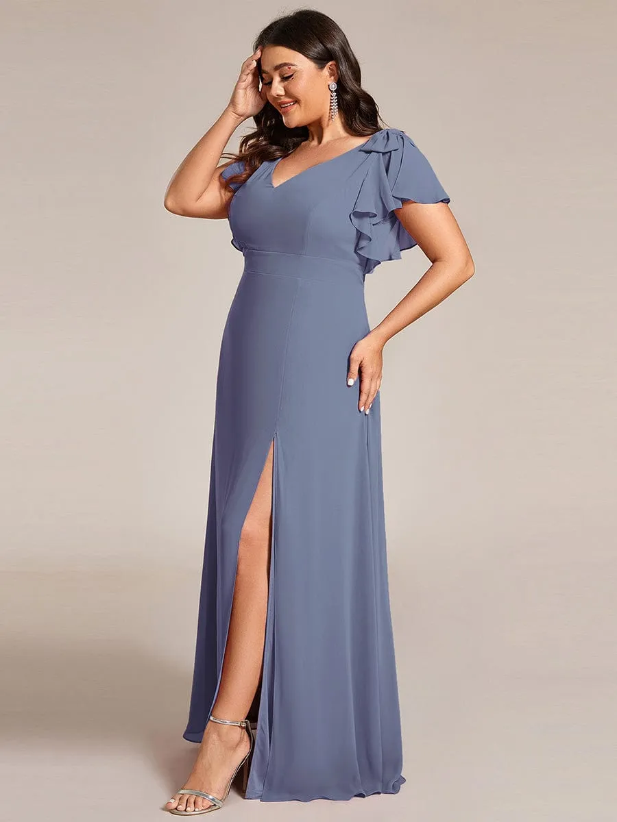 Gloria | Plus Size Split Ruffles Sleeves with Bowknot Double V-neck Chiffon Bridesmaid Dress