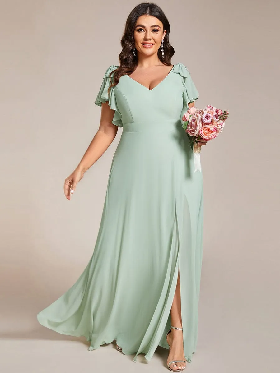 Gloria | Plus Size Split Ruffles Sleeves with Bowknot Double V-neck Chiffon Bridesmaid Dress