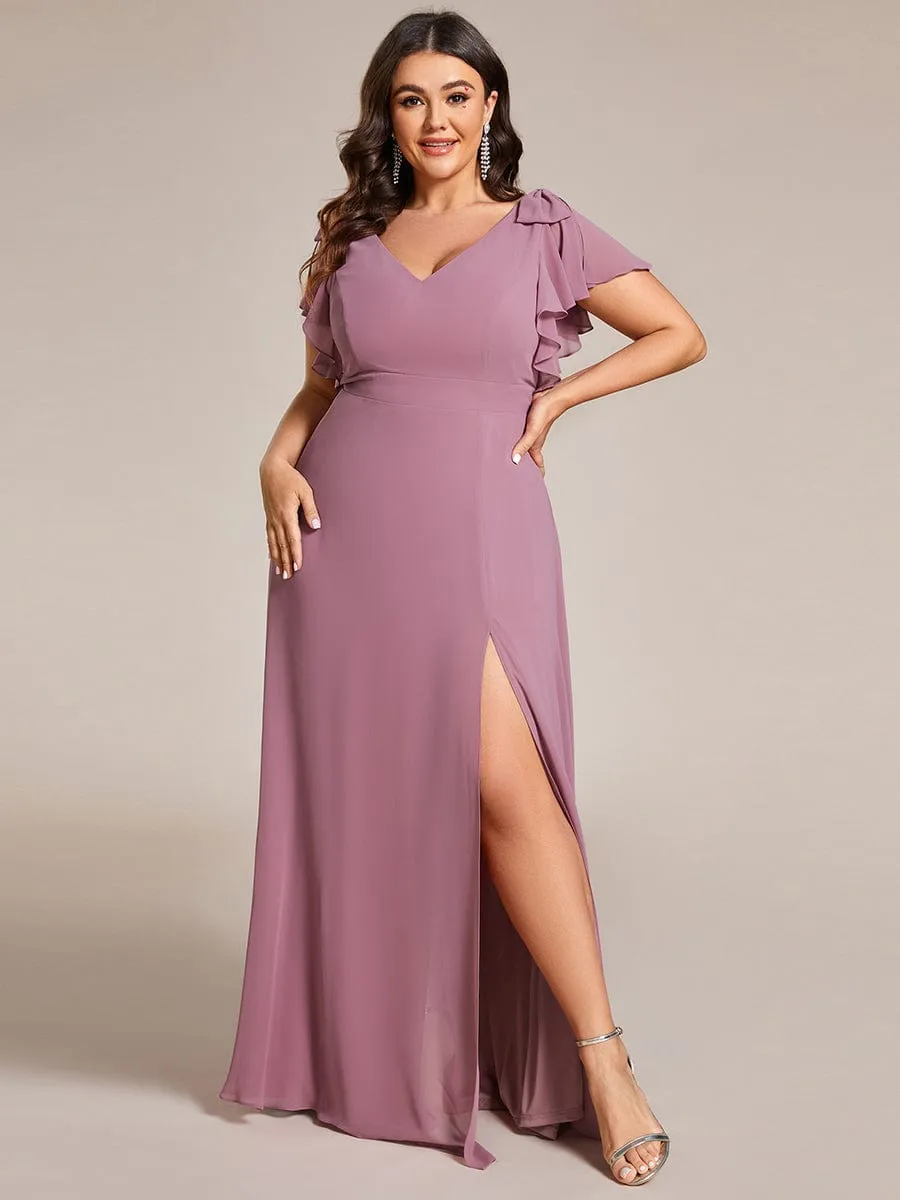 Gloria | Plus Size Split Ruffles Sleeves with Bowknot Double V-neck Chiffon Bridesmaid Dress