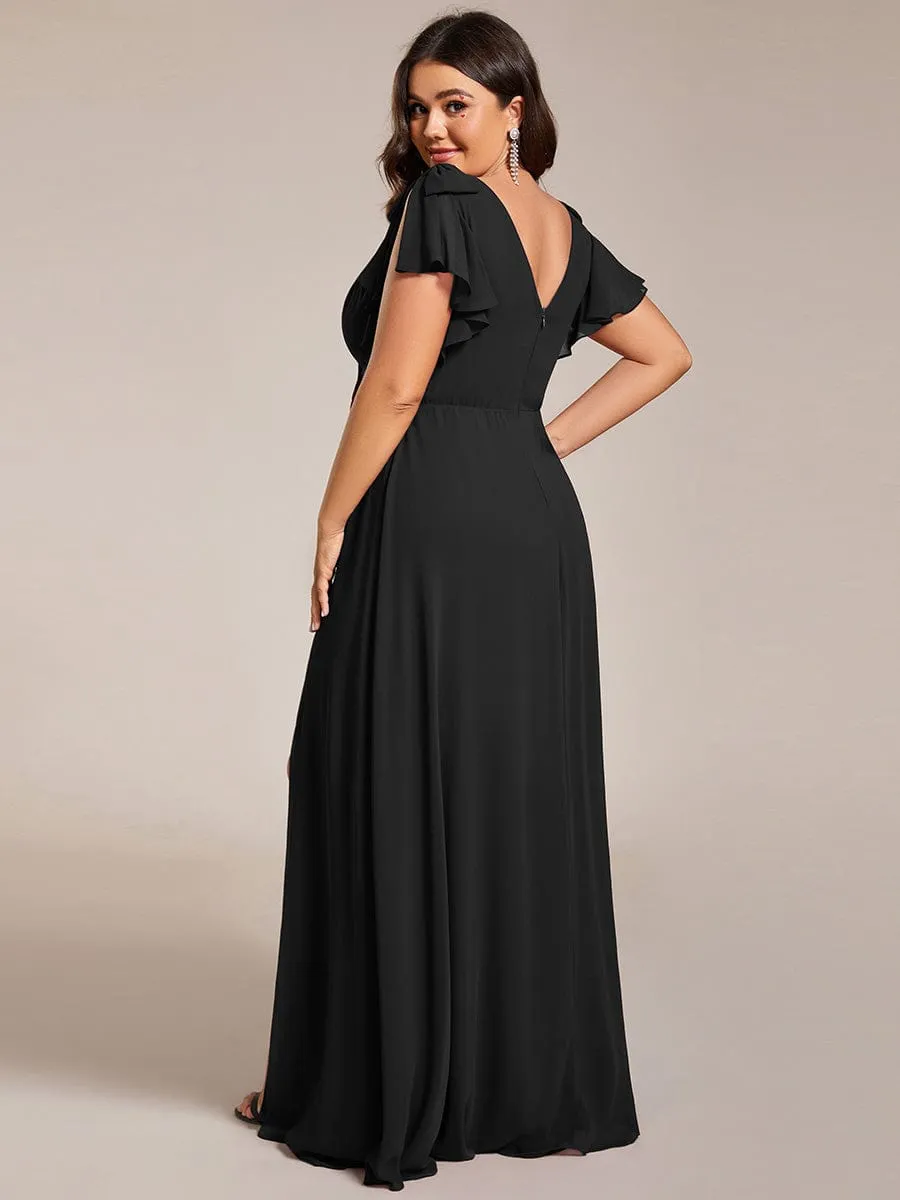 Gloria | Plus Size Split Ruffles Sleeves with Bowknot Double V-neck Chiffon Bridesmaid Dress