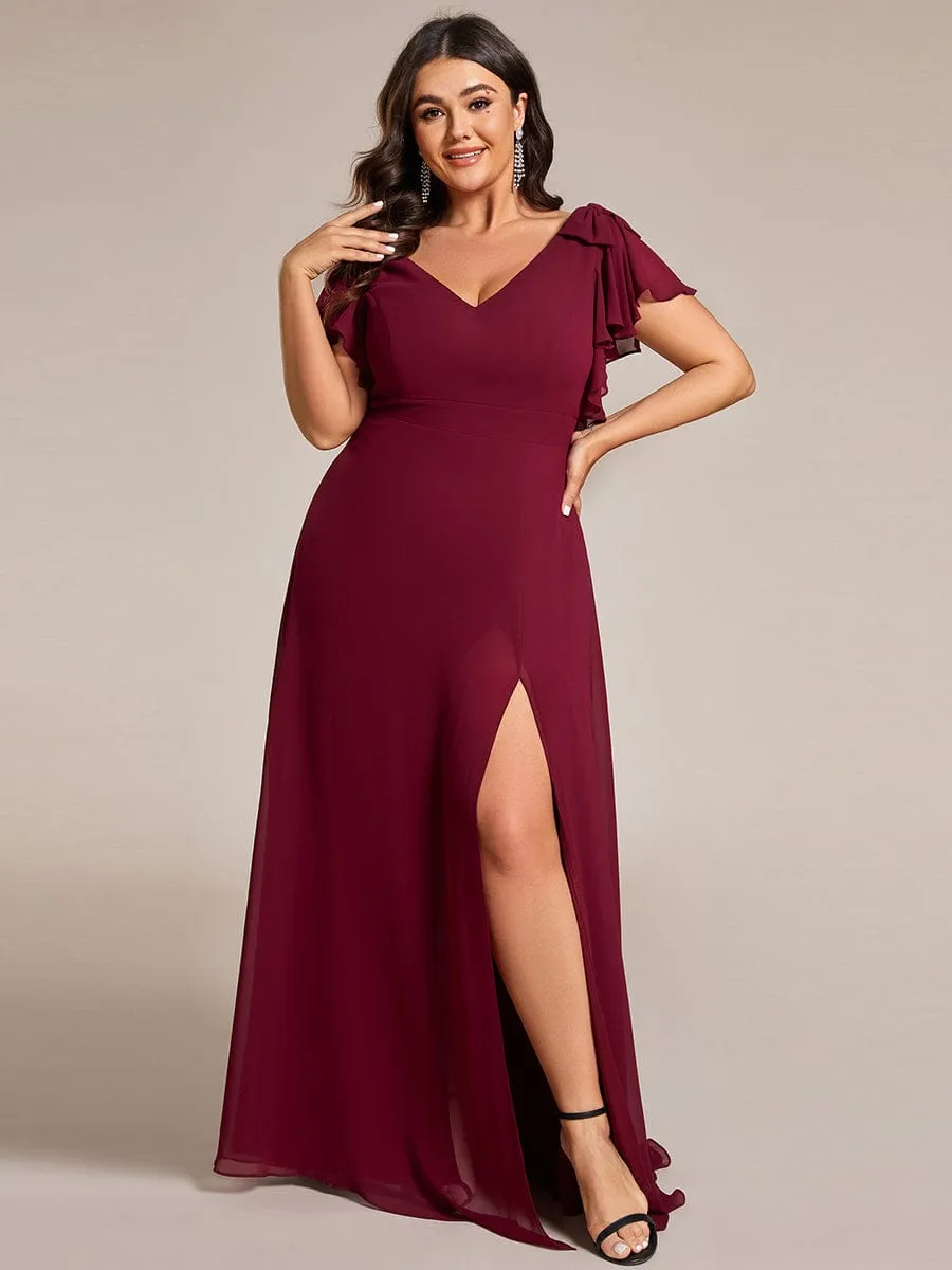 Gloria | Plus Size Split Ruffles Sleeves with Bowknot Double V-neck Chiffon Bridesmaid Dress