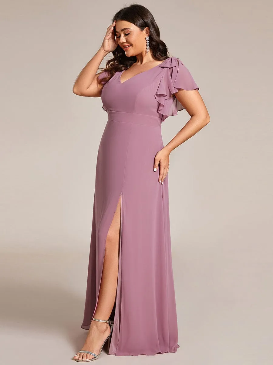 Gloria | Plus Size Split Ruffles Sleeves with Bowknot Double V-neck Chiffon Bridesmaid Dress