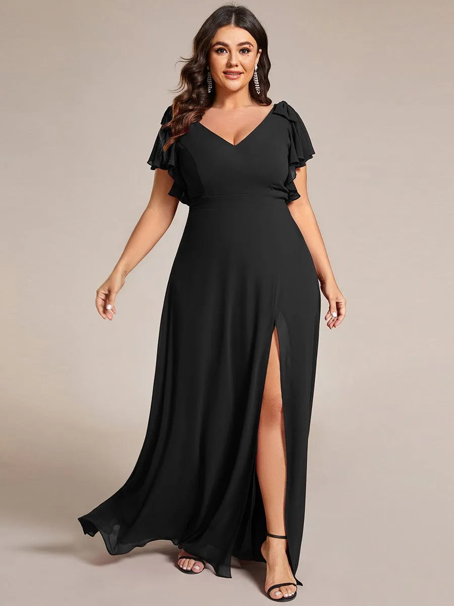 Gloria | Plus Size Split Ruffles Sleeves with Bowknot Double V-neck Chiffon Bridesmaid Dress