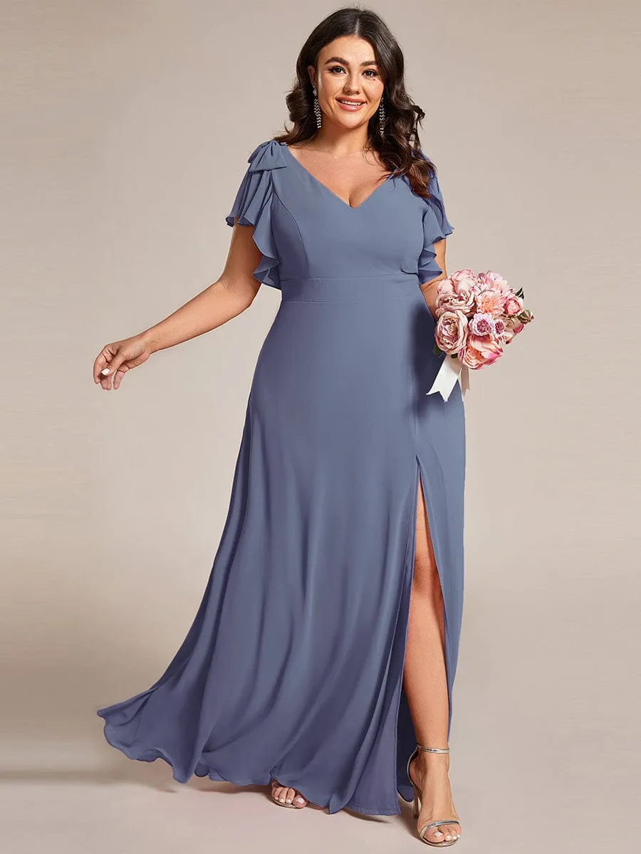 Gloria | Plus Size Split Ruffles Sleeves with Bowknot Double V-neck Chiffon Bridesmaid Dress