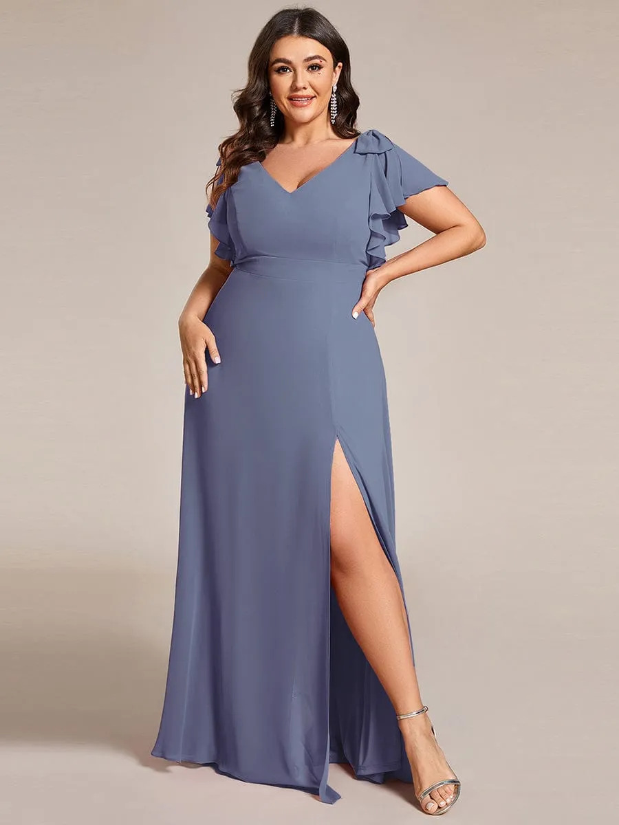 Gloria | Plus Size Split Ruffles Sleeves with Bowknot Double V-neck Chiffon Bridesmaid Dress