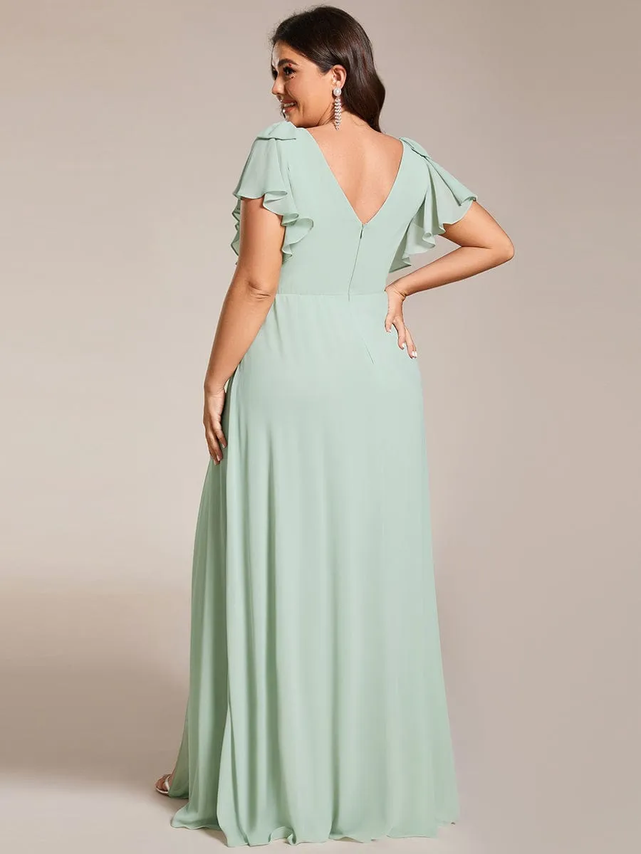 Gloria | Plus Size Split Ruffles Sleeves with Bowknot Double V-neck Chiffon Bridesmaid Dress