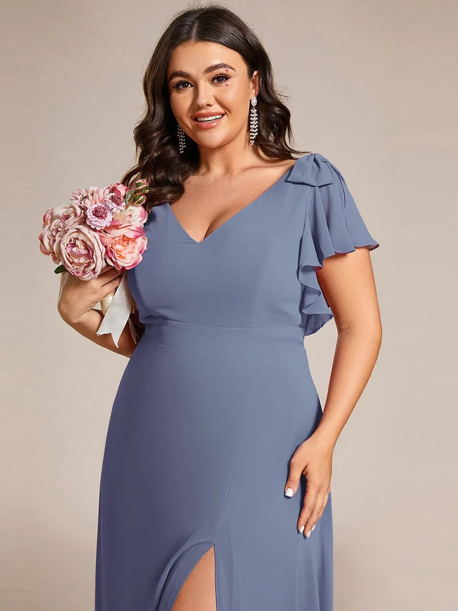 Gloria | Plus Size Split Ruffles Sleeves with Bowknot Double V-neck Chiffon Bridesmaid Dress