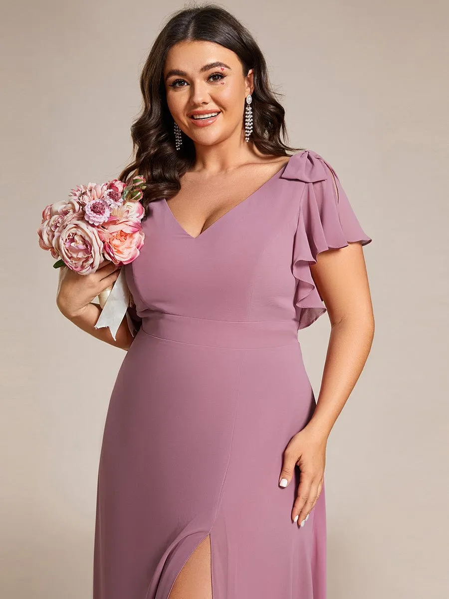 Gloria | Plus Size Split Ruffles Sleeves with Bowknot Double V-neck Chiffon Bridesmaid Dress