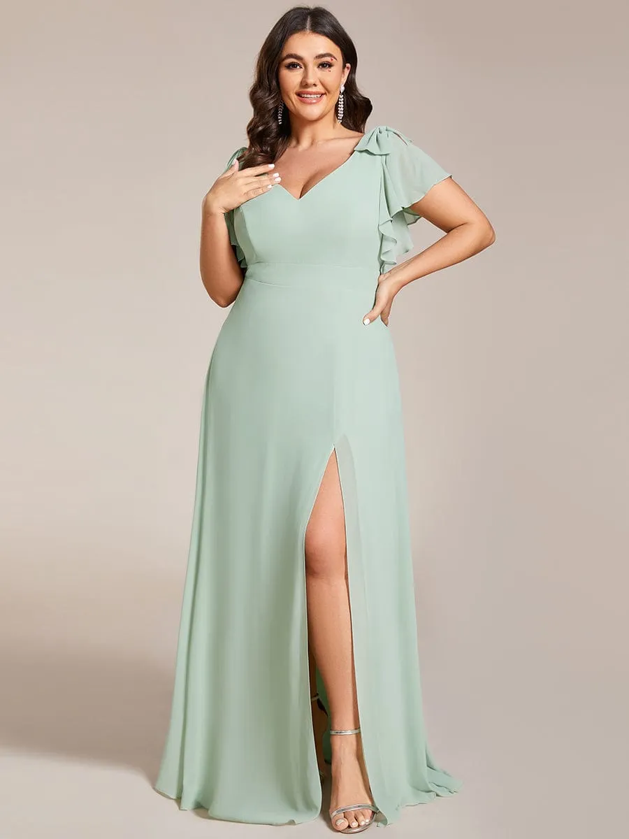 Gloria | Plus Size Split Ruffles Sleeves with Bowknot Double V-neck Chiffon Bridesmaid Dress