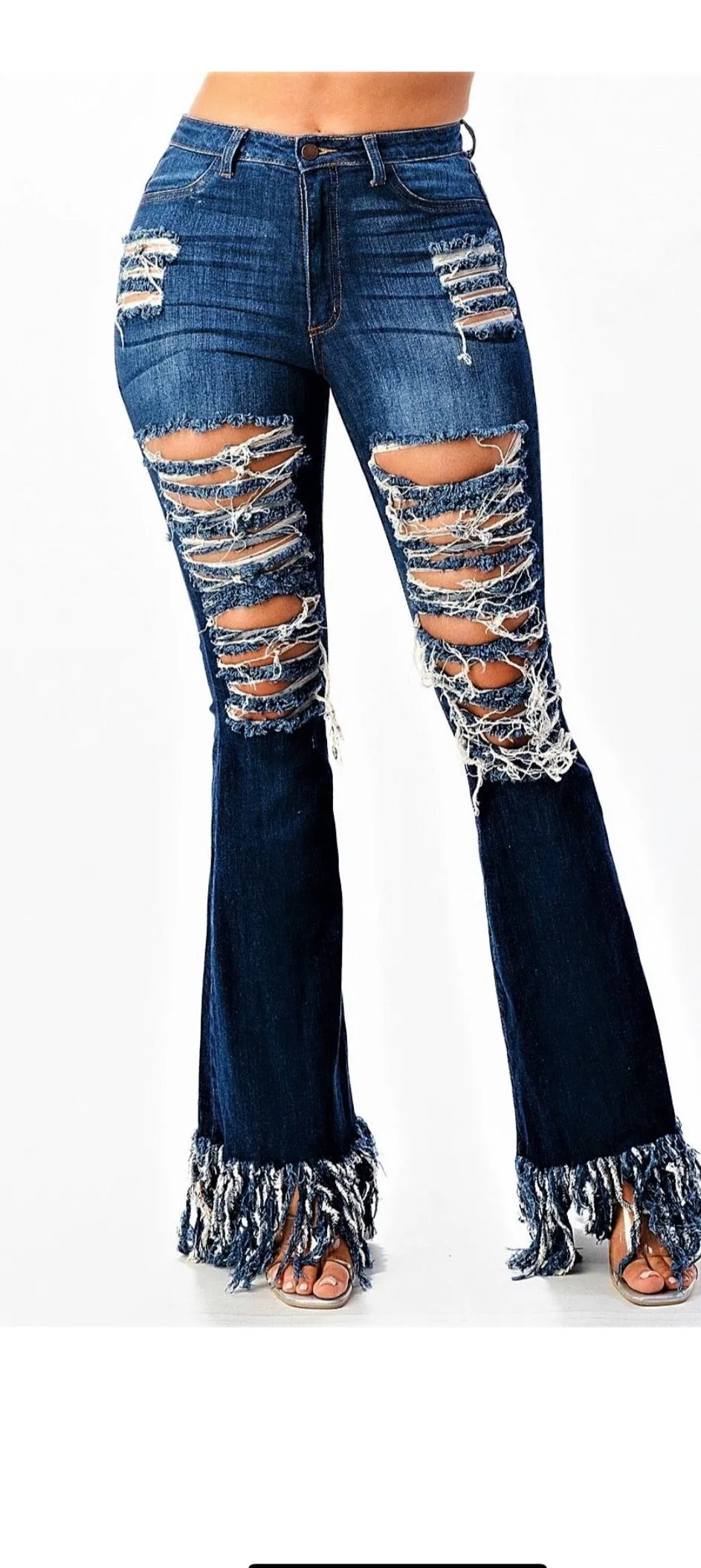 High Rise Shredded Flare Jean