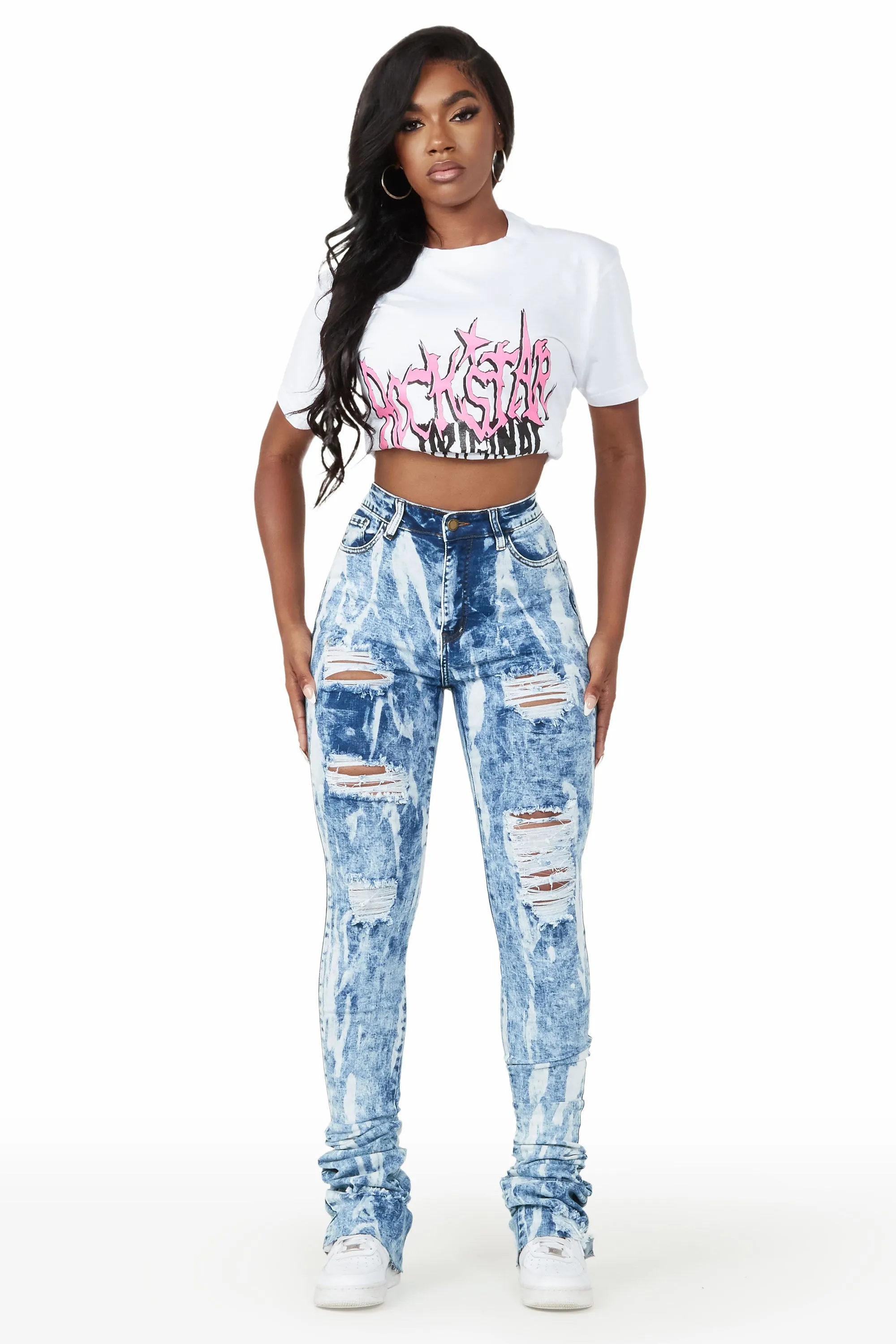 Isha Medium Wash Distressed Super Stacked Jean