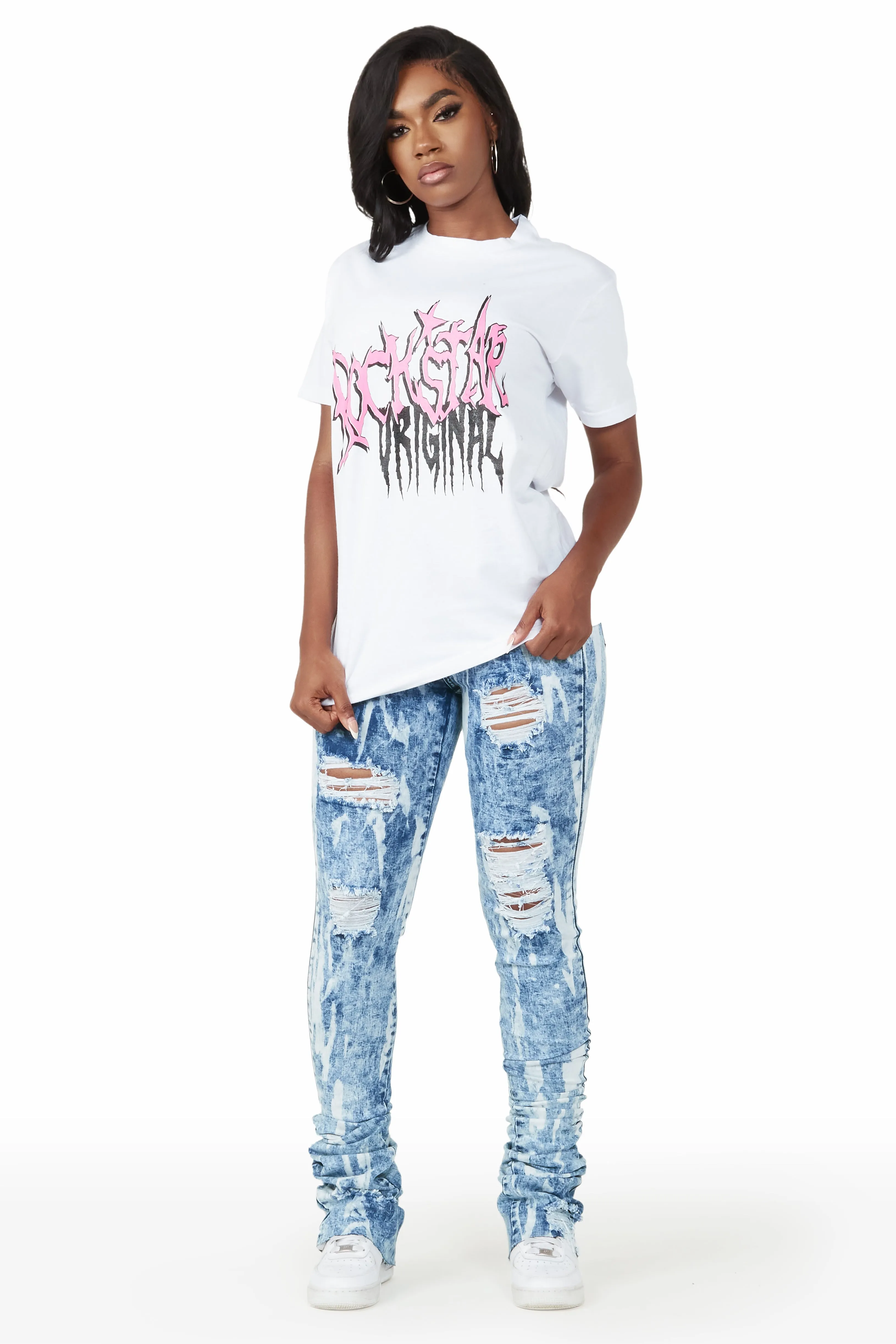 Isha Medium Wash Distressed Super Stacked Jean