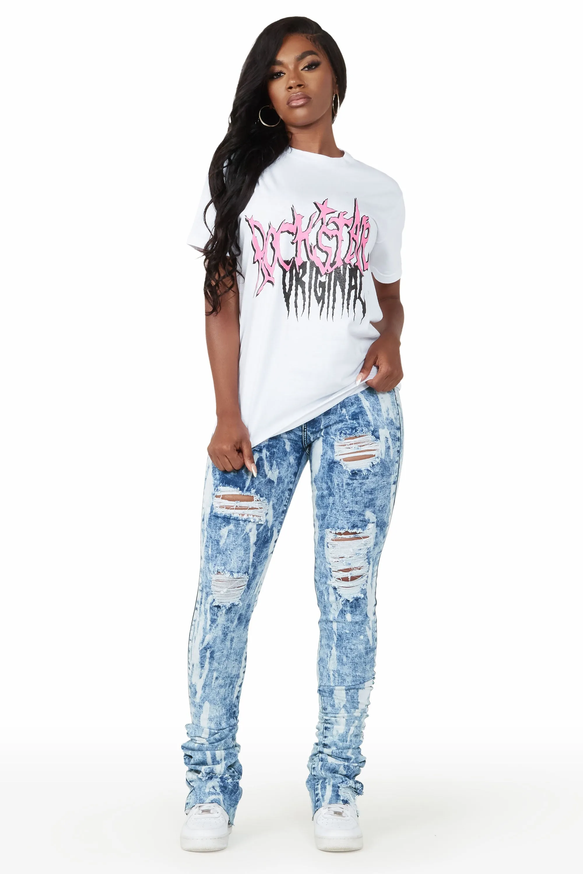 Isha Medium Wash Distressed Super Stacked Jean