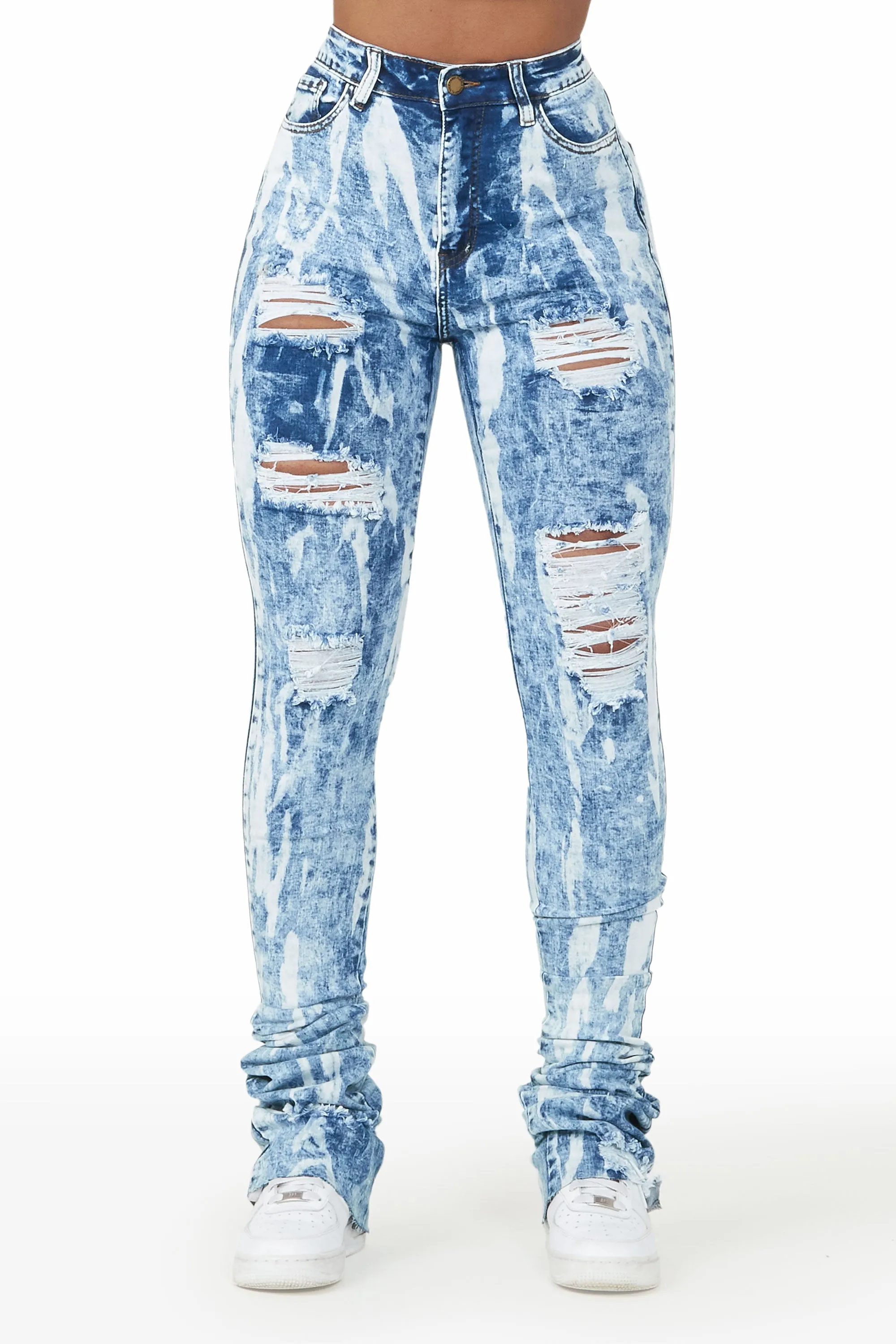 Isha Medium Wash Distressed Super Stacked Jean