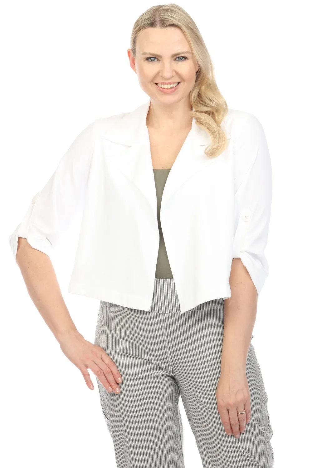 Joseph Ribkoff Vanilla Open Front Roll-Tab Sleeve Cropped Cover-Up Jacket 242059