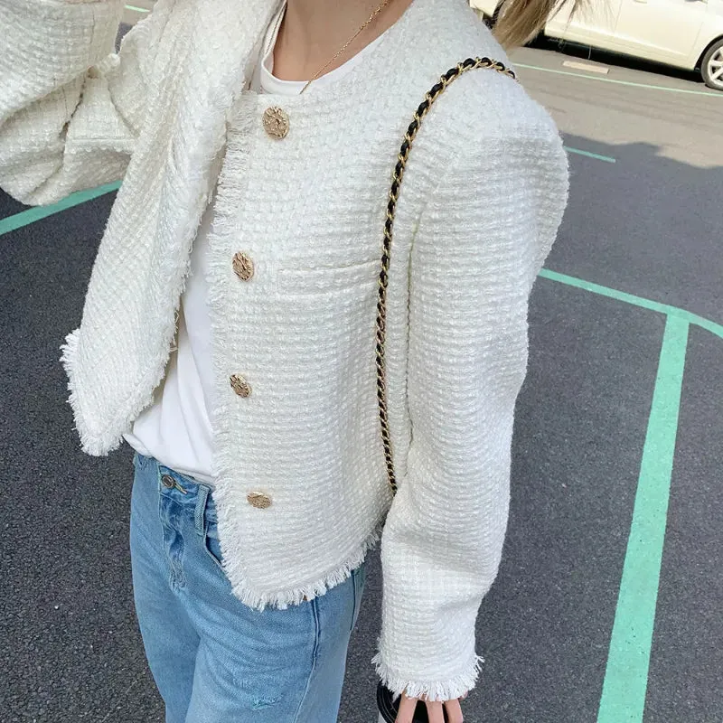 Joskaa Cropped Tweed Jackets Women Chic and Elegant White Jackets Korean Fashion Old Money Style Luxury Clothing Autumn Coats