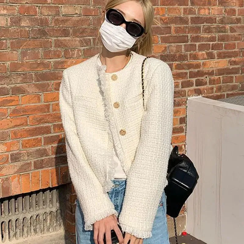 Joskaa Cropped Tweed Jackets Women Chic and Elegant White Jackets Korean Fashion Old Money Style Luxury Clothing Autumn Coats