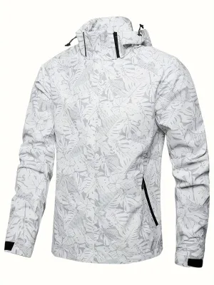 Leaf Pattern Windbreaker Hooded Jacket, Men's Casual Jackets