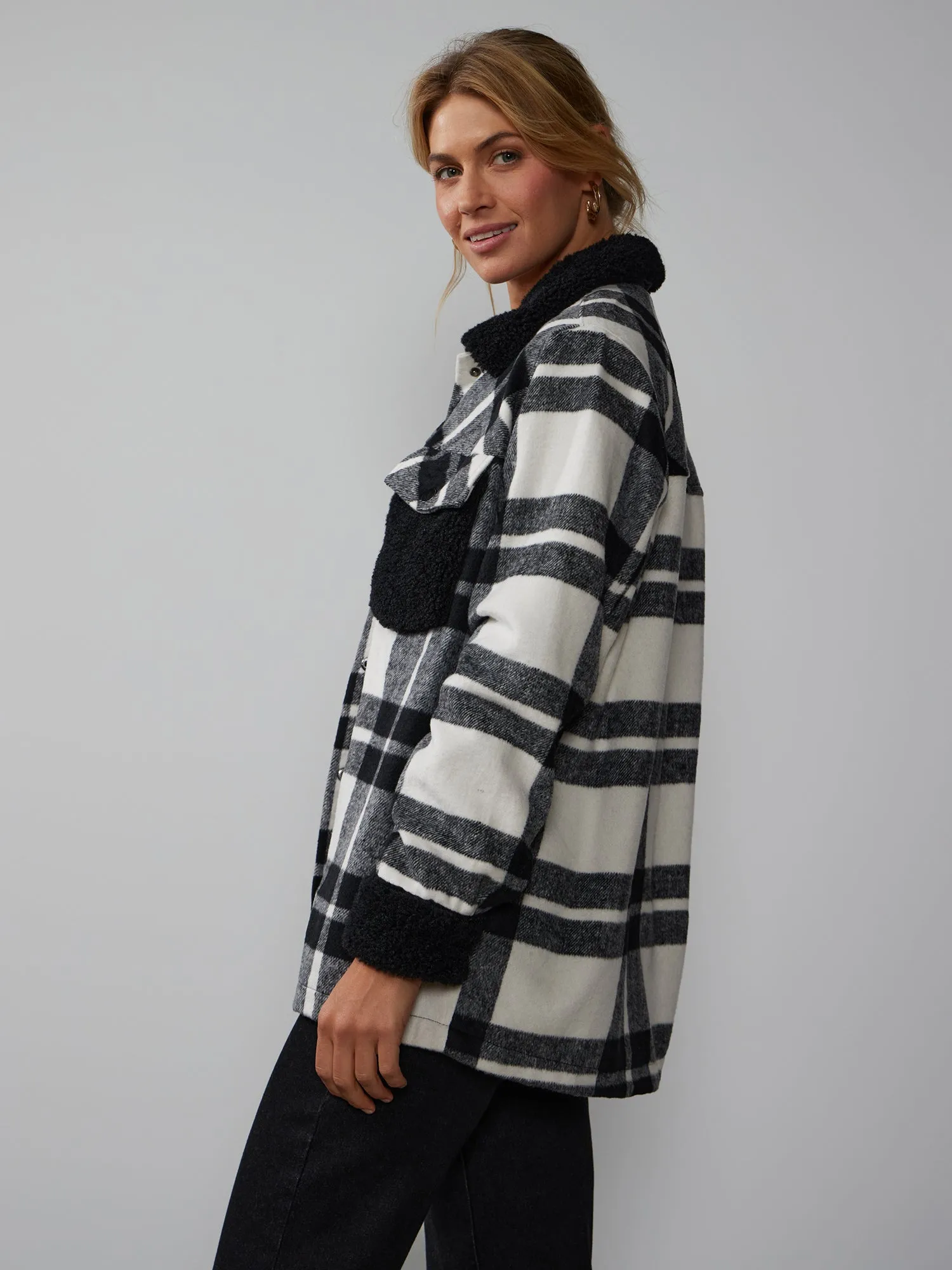 Long Sleeve Plaid Sherpa Shacket