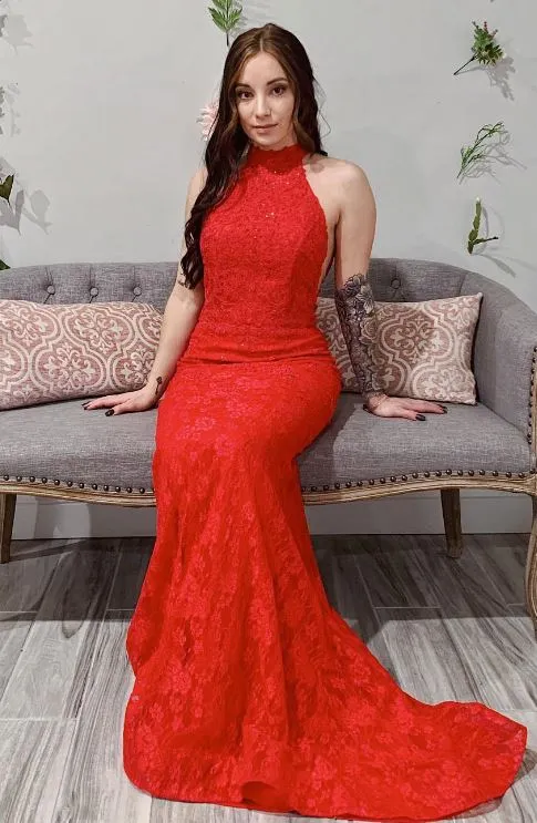 Mermaid High Neck Lace Red Long Prom Dress