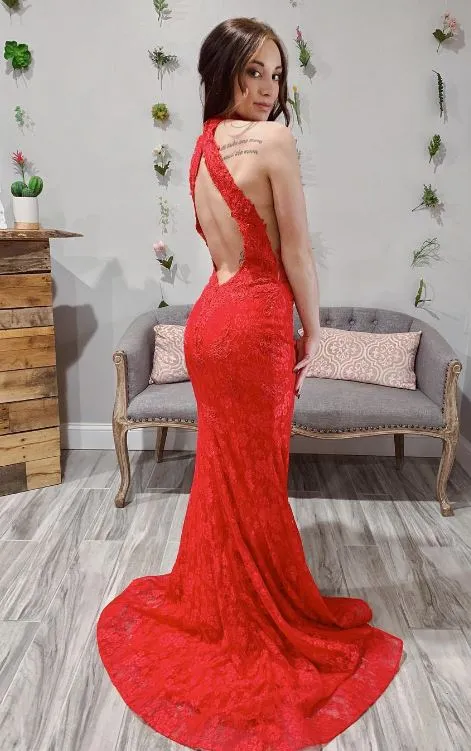 Mermaid High Neck Lace Red Long Prom Dress