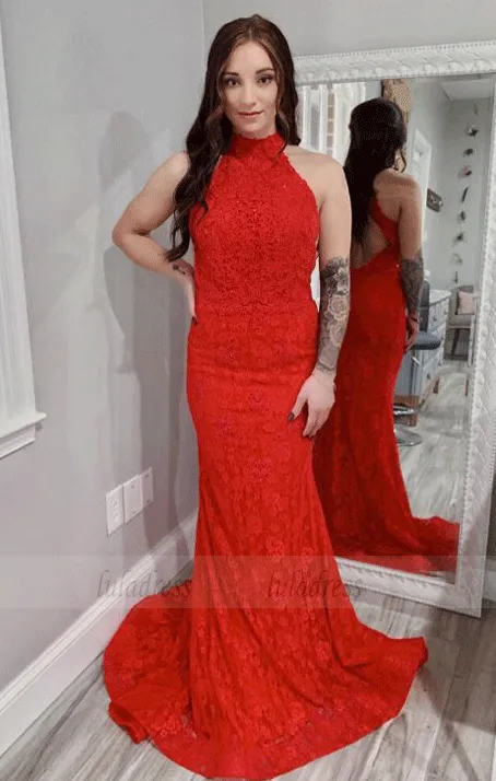 Mermaid High Neck Lace Red Long Prom Dress