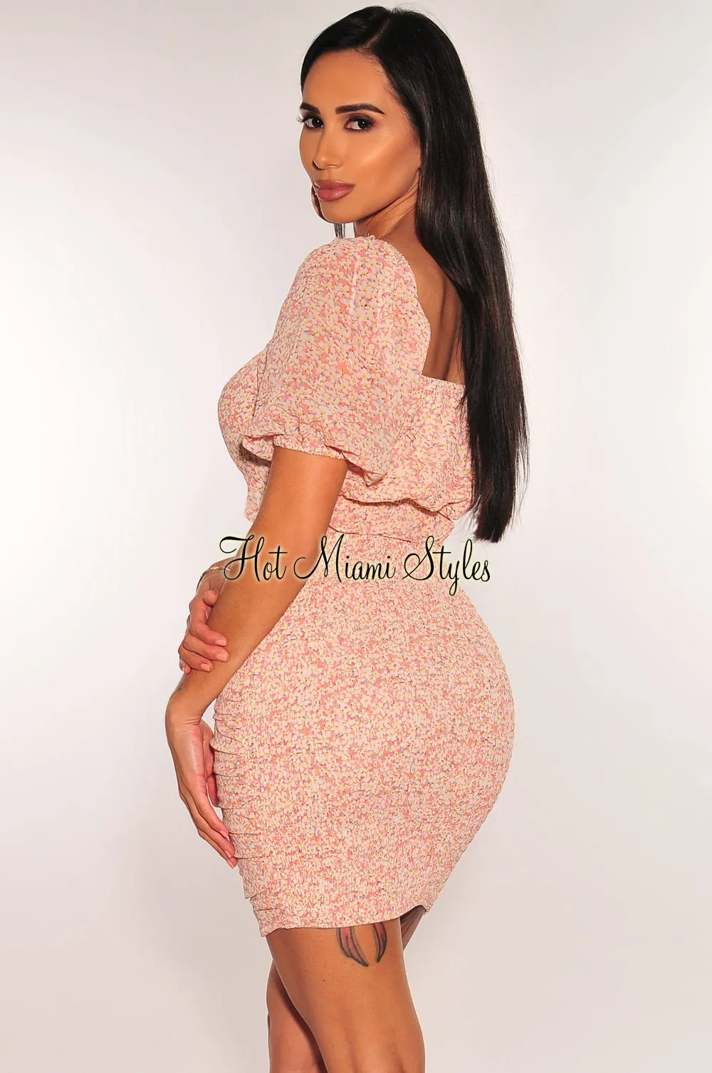 Pink Floral Print Short Sleeve O Ring Cut Out Ruffle Ruched Dress