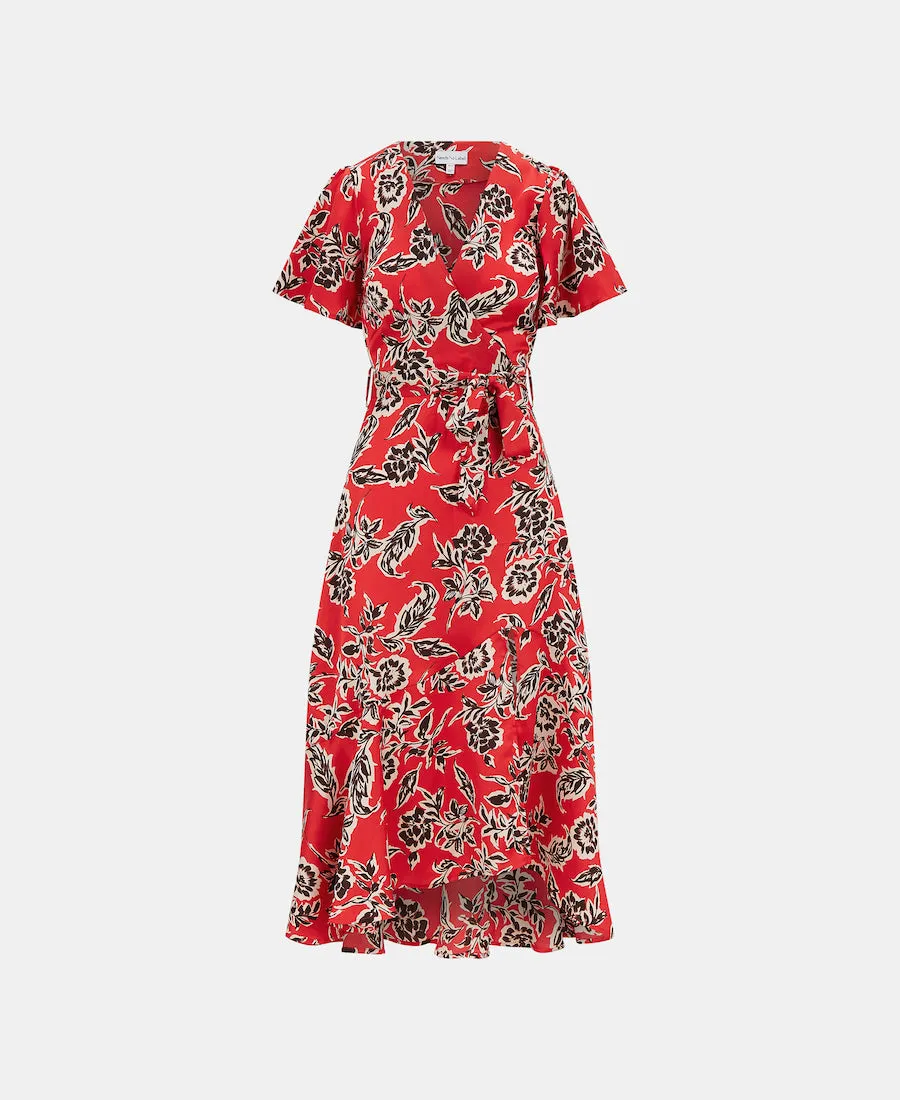 Red Floral Satin Wrap Midi