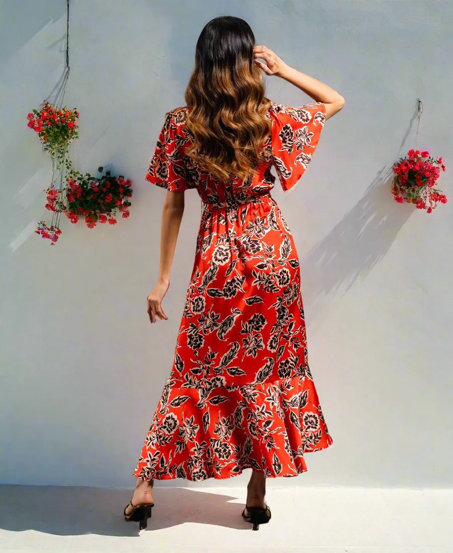 Red Floral Satin Wrap Midi