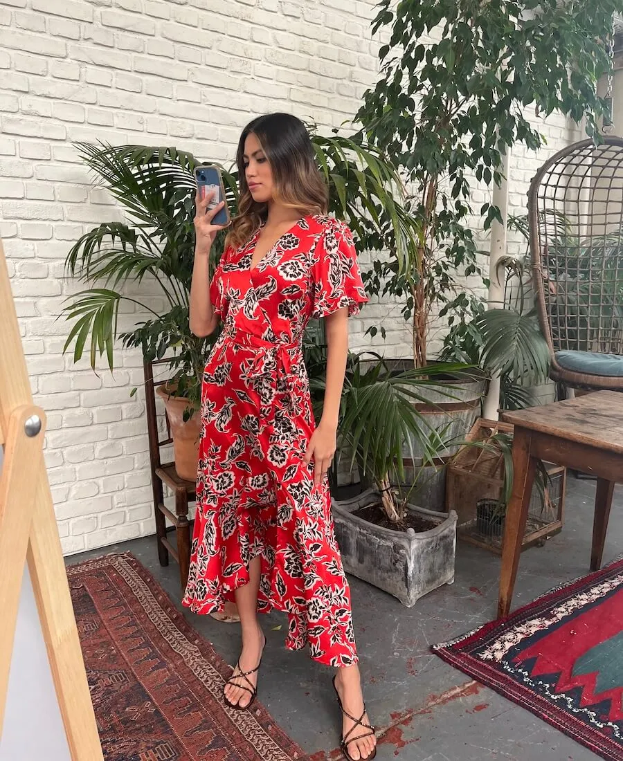 Red Floral Satin Wrap Midi