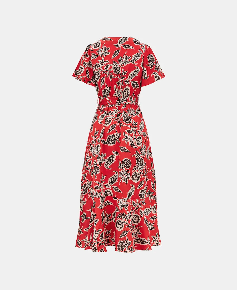 Red Floral Satin Wrap Midi