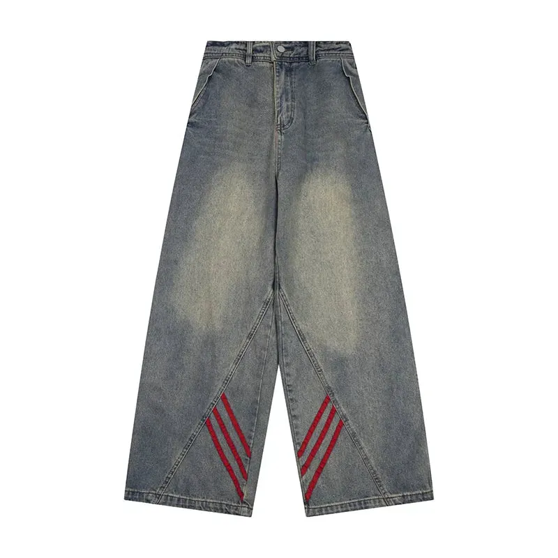 Red Triple-Stripes Wide-Leg Light Wash Denim Jeans