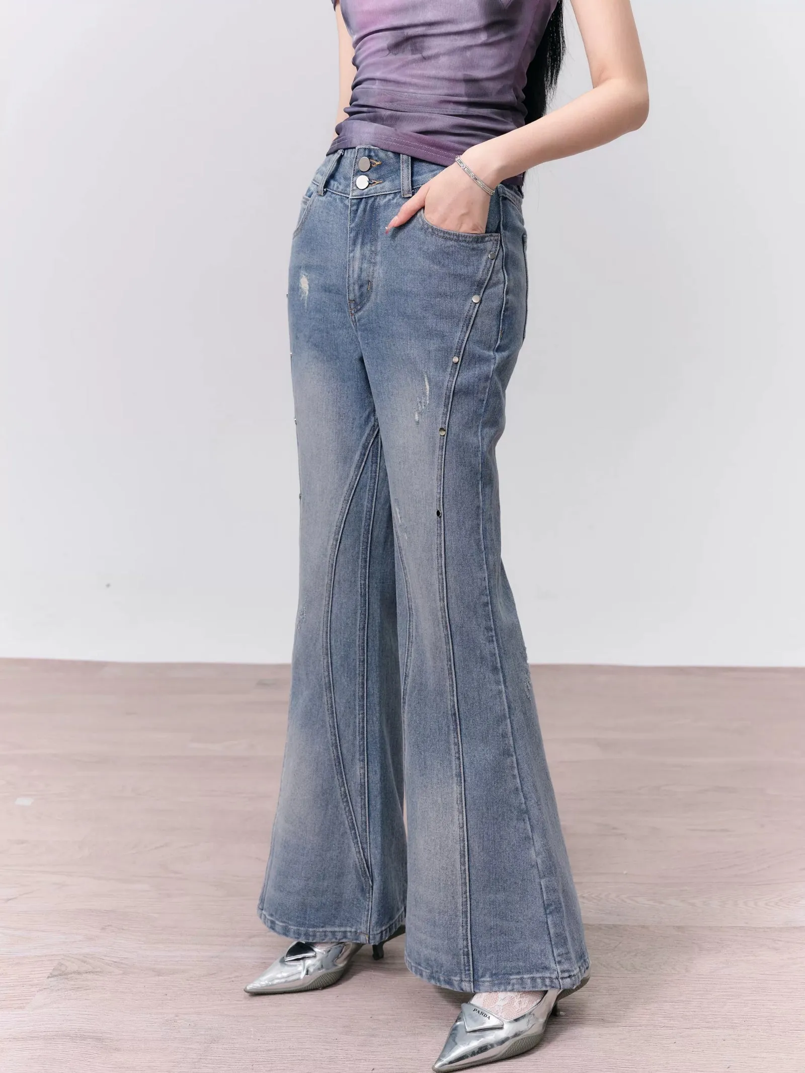 Retro High-Waisted Distressed Flare Jeans