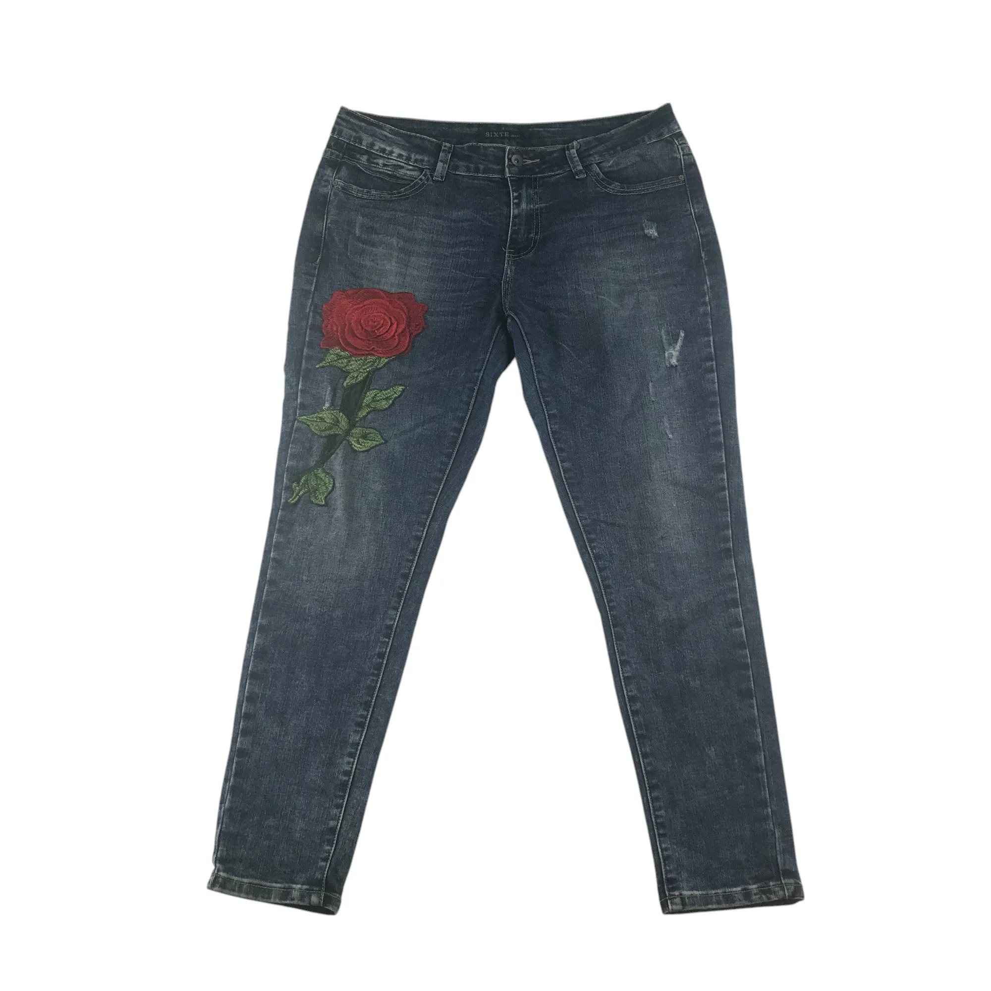 Sixte jeans women size L blue denim trousers with rode embroidery