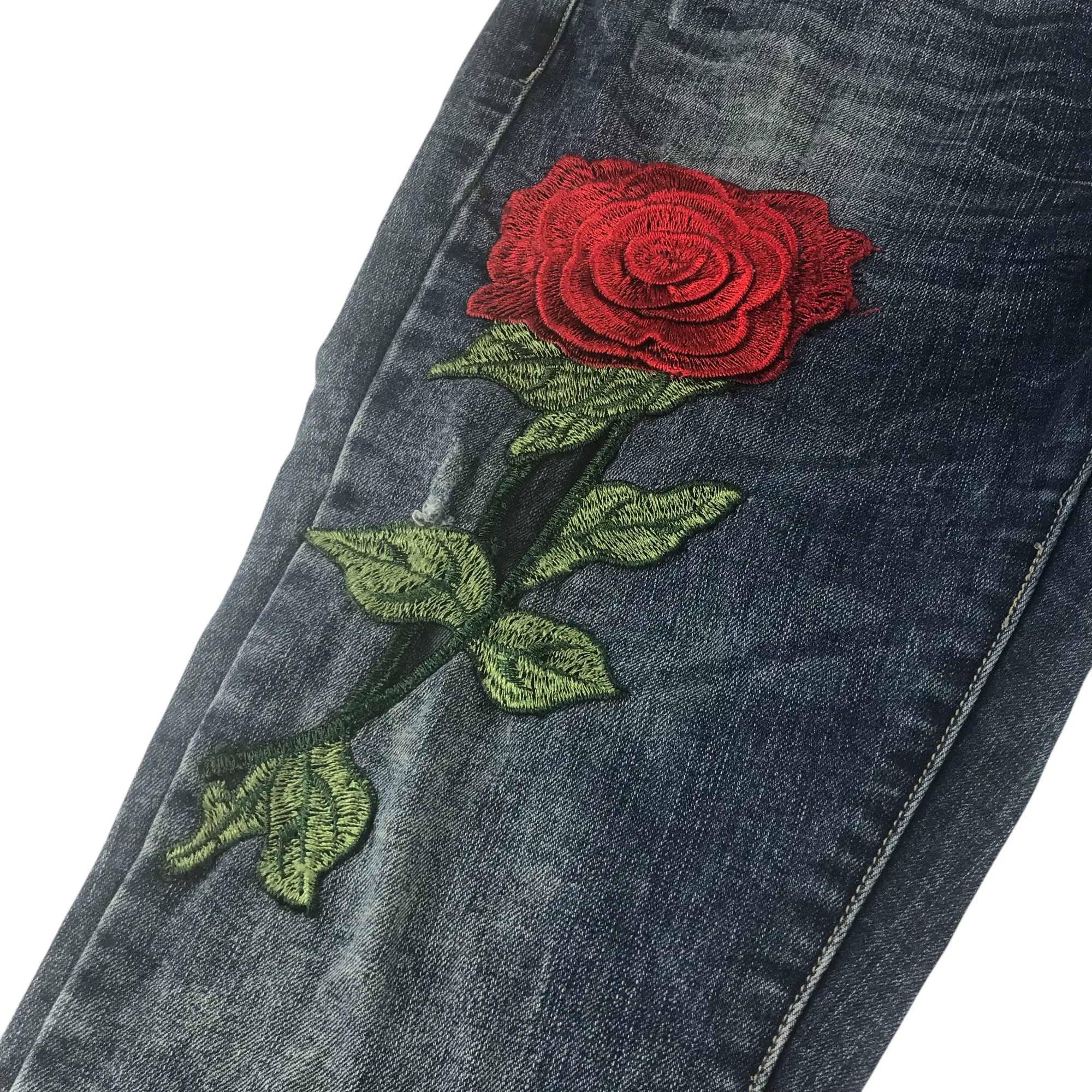 Sixte jeans women size L blue denim trousers with rode embroidery