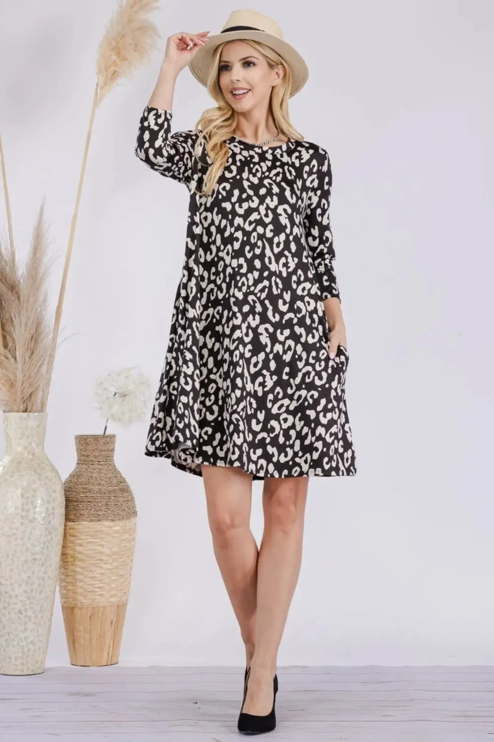 Size Inclusive Leopard Three-Quarter Sleeve Dress with Pockets